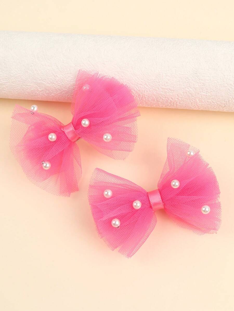 2pcs Girls Cute Pink Pearl Chiffon Hair Clips, Princess Style Hair Accessories