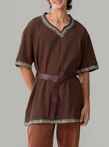 Men Medieval Costume Renaissance Templar Tunic Viking Knight Pirate Vintage Warrior Halloween Cosplay Party Tops - Dark Brown - View 3