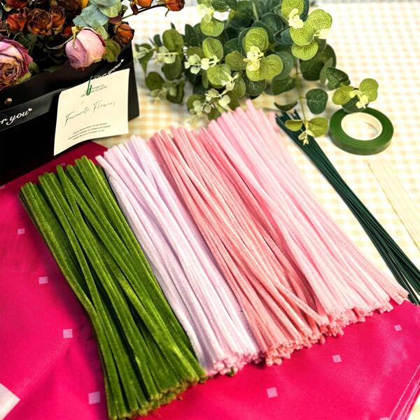 221pcs Craft Pink Purple Series Pipe Cleaners Set, 50pcs Per Each Colors Chenille Stems With 1 Roll Tape 20 Flower Stems For Creative DIY Handmade Bouquets And Gifts, Flexible Art Supplies Kit