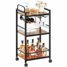 Bar Cart For The Home, 3 Tier Kitchen Carts With Wheels, Small Rolling Cart With Glass Holders, Wine Rack, Mini Bar Cart For Kitchen, Dining Room, Living Room, 13.0"D X 17.0"W X 33.8"H, Rustic Brown Outdoor Decor - Brown - View 1