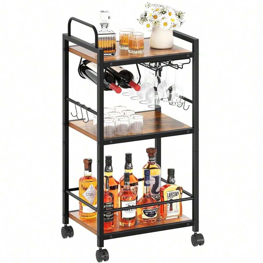 Bar Cart For The Home, 3 Tier Kitchen Carts With Wheels, Small Rolling Cart With Glass Holders, Wine Rack, Mini Bar Cart For Kitchen, Dining Room, Living Room, 13.0"D X 17.0"W X 33.8"H, Rustic Brown Outdoor Decor - Brown - View 1