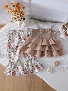 Newborn Baby Girls' Summer Cake Style Suspender Dress With Flare Pants, 2pcs/Set - Brown - View 2