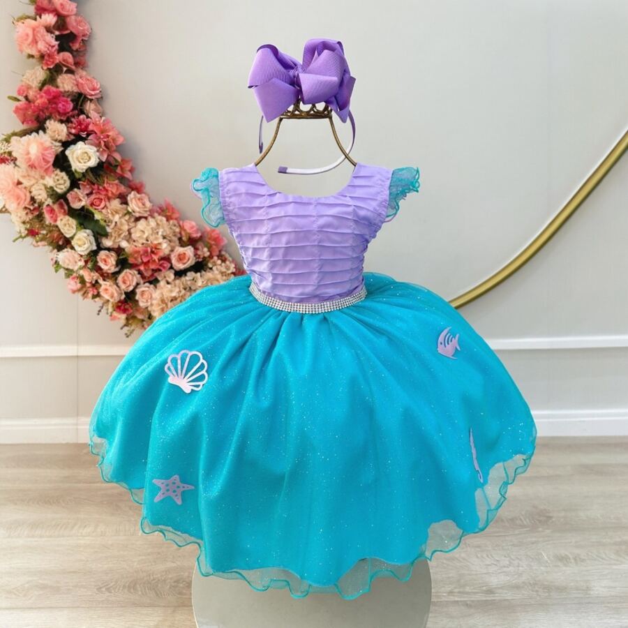 Mermaid Princess Birthday Party Themed Children's Dress With Seabed Appliques And Pleated Bust - Lilac Purple - View 1