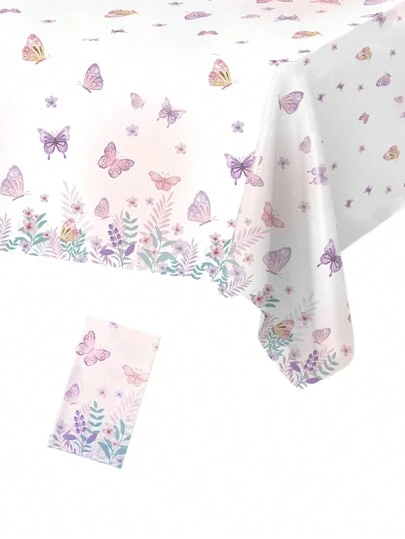 1 件 130 * 220 厘米粉紫色蝴蝶花风格桌布，粉紫色蝴蝶花主题一次性桌旗，塑料桌旗完美装饰生日派对家庭假日房间餐桌装饰桌布，厨房餐桌布装饰，春季桌旗装饰，生日礼物