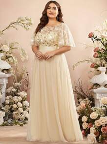 EVERPRETTY 大碼葉子亮片上身網紗舞會連衣裙