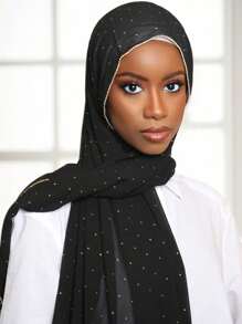 1pc Women's Rhinestone Chain Chiffon Headscarf, Islamic Fashion Solid Color Scarf, Muslim Sunscreen Hijab Headwrap, Suitable For Daily Wear