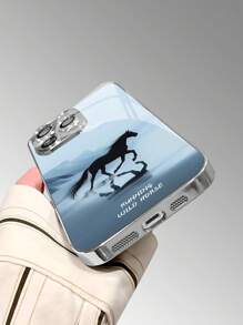 1 st. Aangepaste tekst glazen behuizing, gegalvaniseerde behuizing, compatibel met iPhone 16 Promax/16/15 Pro/14 Promax/11 Promax/12/13 Pro/7 Plus/13 Promax, rennend paardenpatroon, aangepaste tekst, koppels stijl, met cameralensbeschermer, minimalistische luxe
