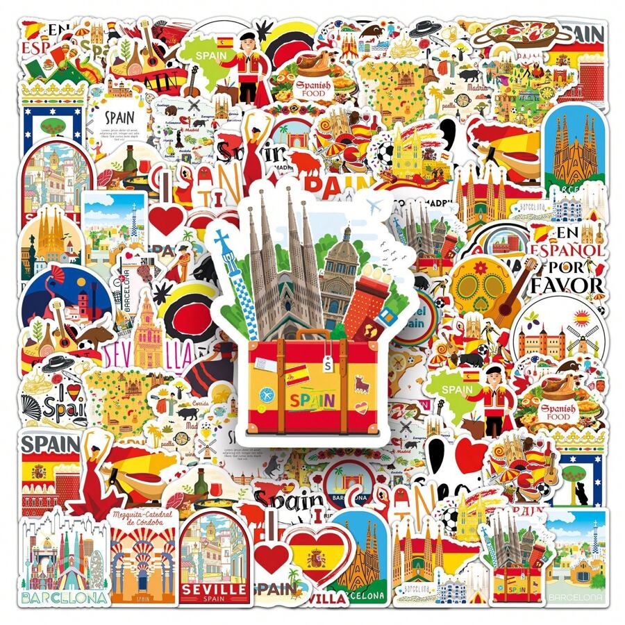 50Pcs Cute Spain/Brazil Craft Supplies & Stickers, Passionate Urban Civilization Scenic Symbols, Cartoon Graffiti Waterproof Stickers, Outdoor World Travel, Scrapbook Stamps/Stickers, Spring, Anime Posters, Holiday Decors/Valentine's Gifts, Fashion Love For Gifts Phones Laptops Notebooks, Handmade Art Decorations