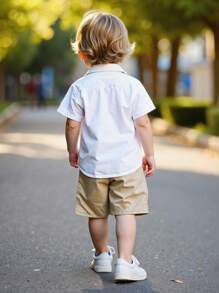 2 件装年轻男孩夏季马球领短袖衬衫和纯色休闲短裤套装 - 卡其色 - 查看 2