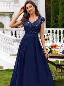 MIUSOL V-Neck Sequin Lace Short Sleeve Chiffon Ruffle Hem Maxi Dress, Elegant Women's Party Gown, Formal Evening Dress, Ball Gown, Suitable For Wedding Guests, Graduation Ceremony, Gala Dinner And Other Occasions, For Valentine's Day - Navy Blue - View 10