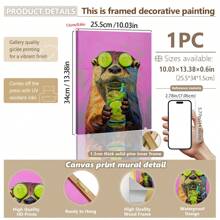 1 pieza, Colgante de lienzo, Pintura decorativa enmarcada, Póster animal, Impresión en lienzo de arte Nutria con cóctel - Arte decorativo moderno minimalista de pared de animal para sala de estar, dormitorio, oficina en casa, comedor - Pintura de retrato en lienzo para decoración del hogar, Mural de pared de nutria para decoración del hogar