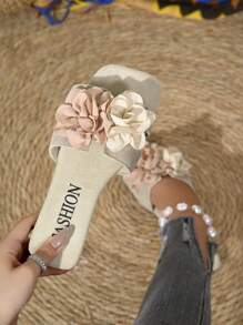 Women's Fashion 3D Flower Decorated Flat Sandals, Beige, Open Toe, Suitable For Beach, Travel, Party Wear, Comfortable Ladies Flat Slip-On Sandals, Suitable For Summer, Autumn, Back To School, Valentine's Day - Apricot - View 1