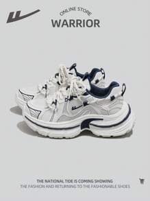 1 Pair Men's Sporty Front Lace Up Thick Sole Light Breathable Mesh Casual Outdoor Sneakers - Blue and White - View 1