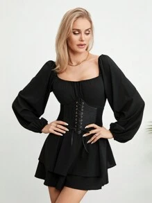 Womens Loose Shorts Jumpsuit, Solid Color Lantern Long Sleeve Square Neck Ruched Ruffled Playsuit - 黑色 - 查看 1