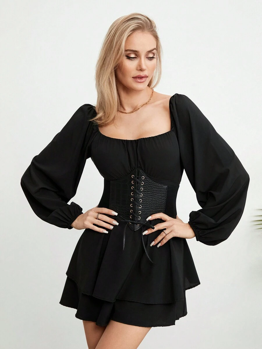 Womens Loose Shorts Jumpsuit, Solid Color Lantern Long Sleeve Square Neck Ruched Ruffled Playsuit - 黑色 - 查看 1