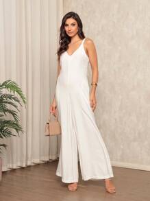 Adjustable Strap Wide Leg Jumpsuit With Pocket - Marrant Fabric - White - View 3