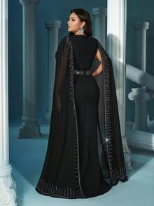 QOQ Noble Elegant Black Hot Drill Rhinestone Cloak Sleeve Umbrella Hem Plus Size Gown Dresses For Banquet, Evening Party - Black - View 2