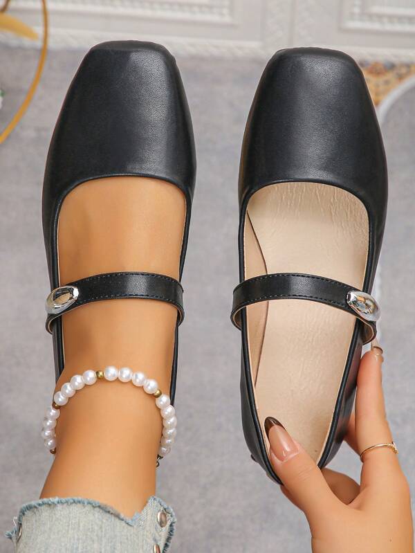 Plus Size 36-43 Spring/Autumn New Arrival French Mary Jane White Strap Square Toe Flat Shoes, Casual Work Fashion Versatile Light Weight Comfortable Soft Sole Ballerina Flats For Women