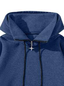 男士休闲纯色半拉链连帽卫衣，春秋季长袖上衣 - 藏蓝色 - 查看 3