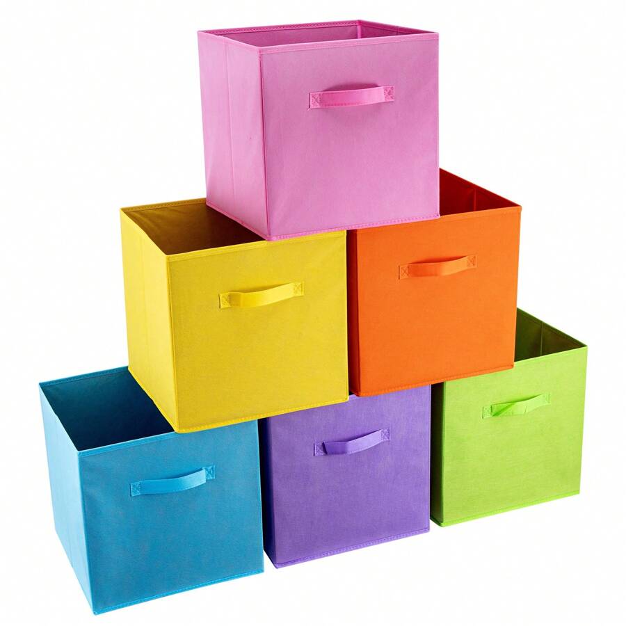 Set Of 6 Foldable Cube Storage Boxes Organiser Basket Containers Handles Home Office - Multicolor - View 1