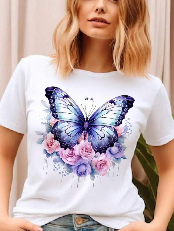 blusa t shirt feminina borboleta azul flores delicada, babylook simples plus size