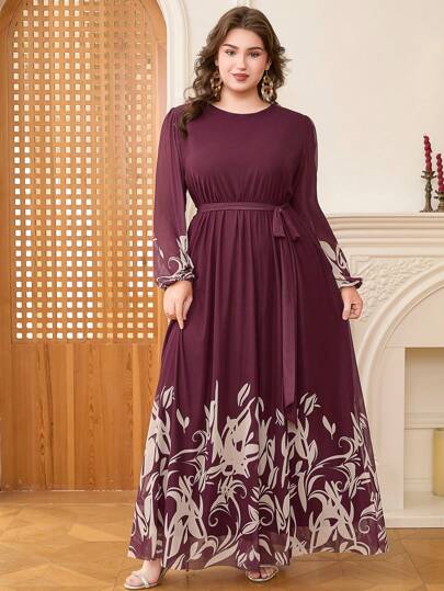 DEARCASE Plus Size Elegant Floral Print Balloon Sleeve A-Line Dress Spring