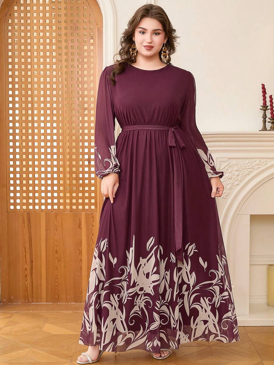 DEARCASE Plus Size Elegant Floral Print Balloon Sleeve A-Line Dress Spring - Burgundy - View 1