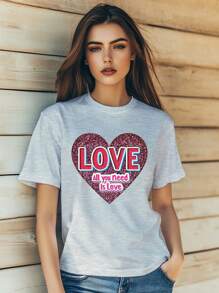 Women's   Valentine's Day Love Cartoon Cool Print T-Shirt Fashion Short Sleeve Round-Neck Slm Fit Tops Summer Casual Streetwear