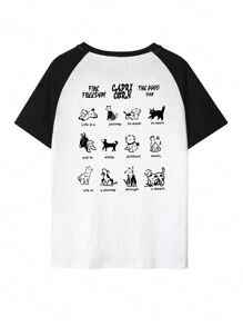 全新夏季女式休闲宽松可爱猫狗印花拼布 T 恤 - 白色 - 查看 2