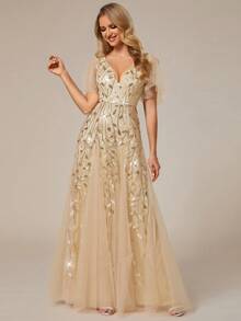 优雅蝴蝶袖花卉亮片闪亮金色正式晚宴礼服婚礼宾客晚礼服 - 金色 - 查看 6