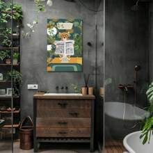 1pc Canvas Print Funny Cheetah Reading Newspaper On Toilet Print Painting Fashion Tropical Plant Wall Decor Picture Print Craft Canvas Decor Framed Ready To Hang.