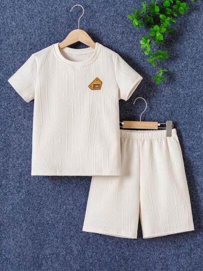 Tween Boys Jacquard Print Round Neck T-Shirt & Shorts 2 Pieces Set, Spring/Summer