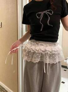 1pc Women's Plain Elegant Daily Lace Decor Pleated Aline Skirt