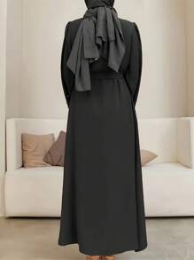 Elegancka, jednokolorowa, turecka sukienka kaftanowa dla kobiet z perłowym zdobieniem, długi rękaw i pas - poliester, możliwość prania ręcznego, skromna - Czarne - Zobacz 2