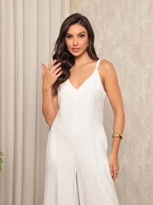 Adjustable Strap Wide Leg Jumpsuit With Pocket - Marrant Fabric - White - View 2