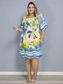 Women's Plus Size Printed Short Dress - flor azul - Ver 1