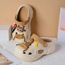 女士厚底穿孔一脚蹬凉鞋，时尚厚底可爱系带卡通沙滩拖鞋，适合春夏秋季