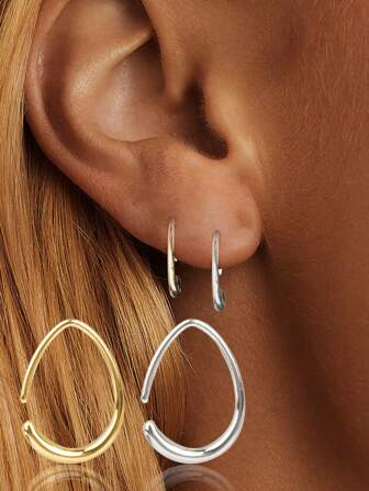 1PC 925 Sterling Silver Teardrop Hoop Earrings For Women Girls, Minimalist Oval Pull Through Design