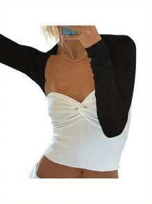 Women Crop Shrug Tops Casual Solid Color Sun Protection Long Sleeve Cardigan T-Shirt Streetwear Clubwear - 黑色 - 查看 4