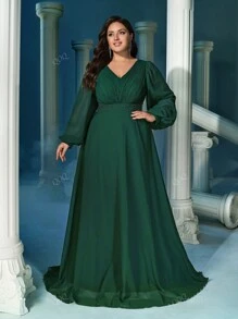 QOQ Elegant Dark Green Plus Size V-Neck Lantern Sleeve Faux Pearl Decoration Waist Gown Dresses, Party Dress, Wedding Guest Dress, Formal Dress, Evening Dress
