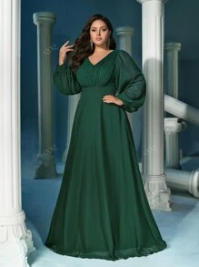 QOQ Elegant Dark Green Plus Size V-Neck Lantern Sleeve Faux Pearl Decoration Waist Gown Dresses, Party Dress, Wedding Guest Dress, Formal Dress, Evening Dress