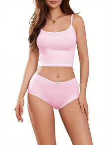 Women's 2 Piece Lounge Set Sleeveless Cami Tops Solid Color Shorts Sleepwear Sets - Pink - View 3