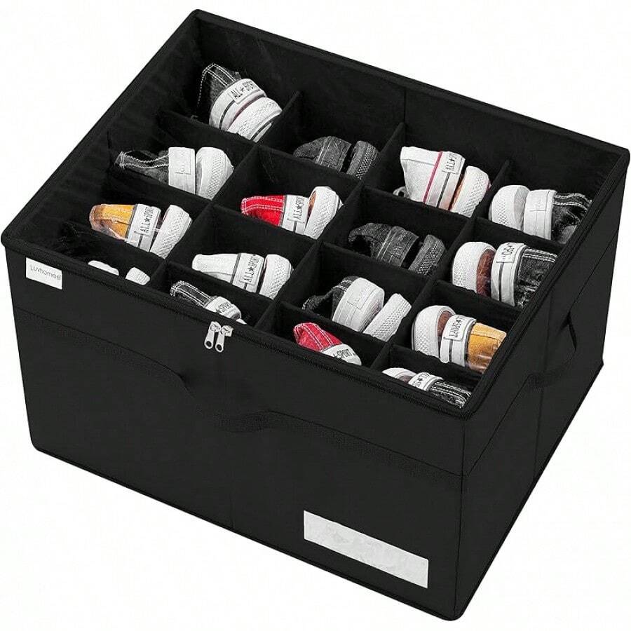 LUVHOMEE - Organizador de zapatos para clóset, se adapta a 16 pares, contenedores de almacenamiento grandes para zapatos, contenedores plegables transparentes con soporte inferior, soporte para - Negro - Ver 1