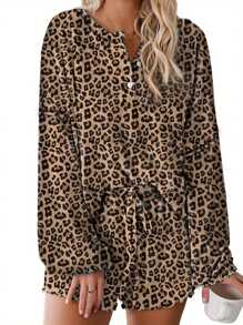 Women's Pajama Sets Long Sleeve Shirt Tops + Sleepwear Shorts Ladies' 2 Piece Nightwear Loungewear