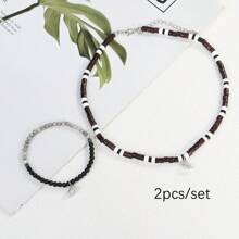 2 pièces/Lot Bracelet à perles de style bohème avec un charm cœur fluorescent, perles en bois, bijou de couple réglable