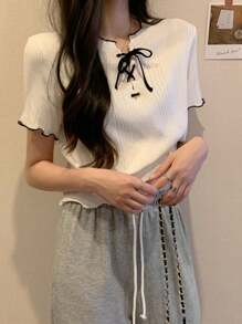 撞色修身短袖针织女式上衣，夏季白色 - 白色 - 查看 3