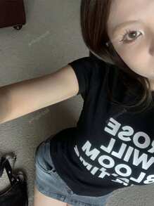 Vintage Inspired Letter Print Short Sleeve T-Shirt For Women, Stylish Fitted Top