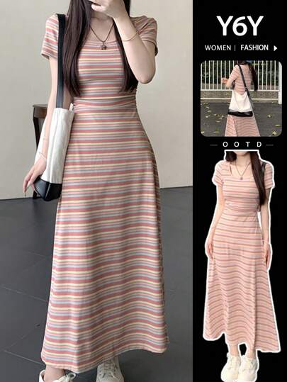  【Y6Y】多巴胺彩色条纹圆领短袖连衣裙|秋冬女装时尚收腰显瘦长裙