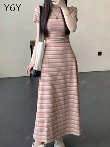 Spring/Summer Dopamine Colorful Striped Round Neck Short Sleeve Fitted Waist Long Dress For Women