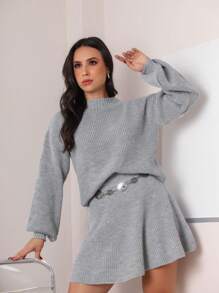Women's Knit Set Fang Stitch Short Asymmetrical Skirt And Puff Sleeve Blouse Autumn Winter Fashion - 查看 4